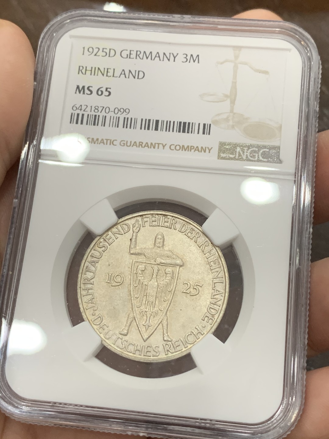 《竞宝斋》第93场-本周日，周一2场连拍（全场不限金额包邮） NGC-MS65 魏玛德国1925年莱茵千年3马克银币 少见高分