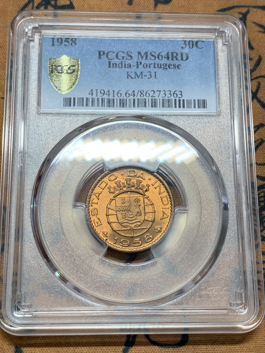 《竞宝斋》第93场-本周日，周一2场连拍（全场不限金额包邮） PCGS-MS64RD 葡属印度1958年30C铜币（原光RD状态难得、亚军分）