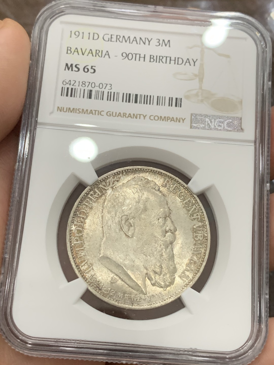 《竞宝斋》第93场-本周日，周一2场连拍（全场不限金额包邮） NGC-MS65 德国巴伐利亚1911年90岁大寿纪念3马克银币 少见高分