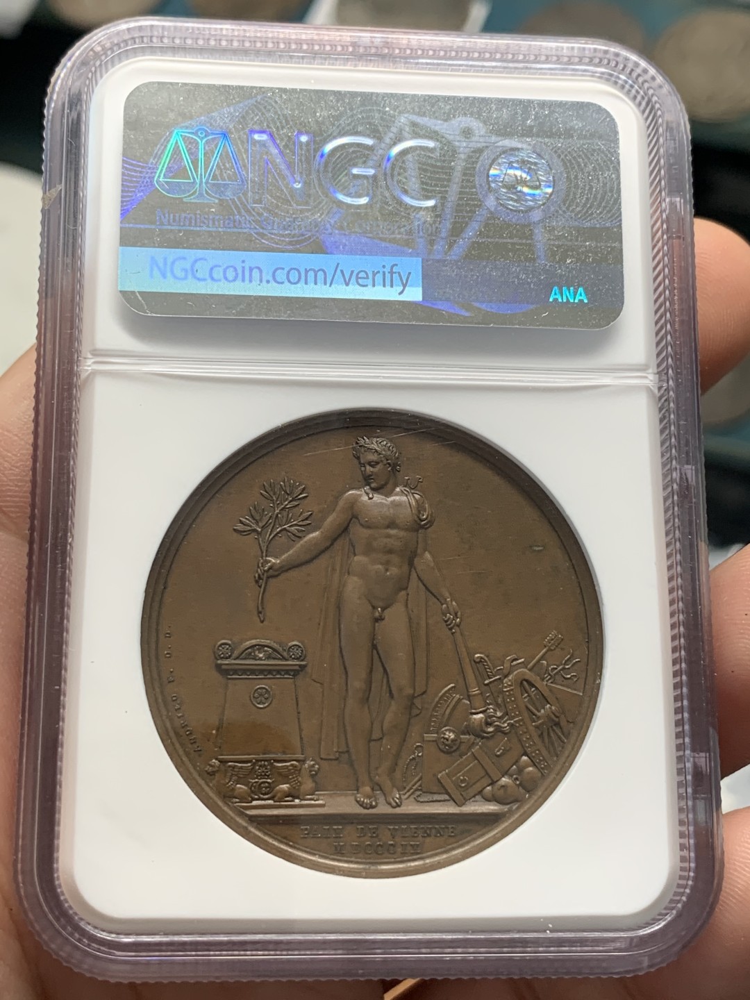 《竞宝斋》第93场-本周日，周一2场连拍（全场不限金额包邮） NGC-MS64 1809 法国拿破仑一世原铸铜章之维也纳的和平