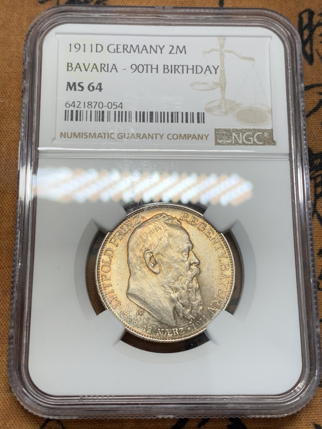 《竞宝斋》第93场-本周日，周一2场连拍（全场不限金额包邮） NGC-MS64 德国巴伐利亚1911年90岁大寿纪念2马克银币