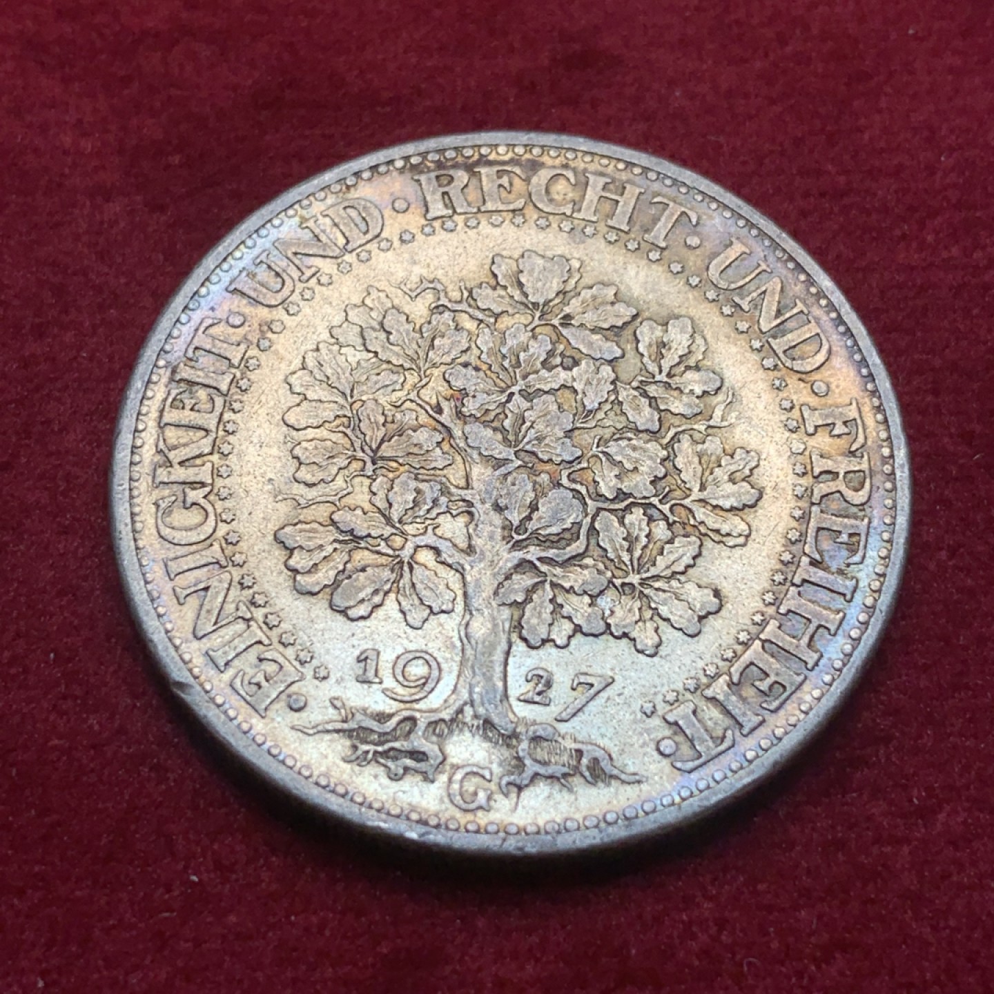 《竞宝斋》第93场-本周日，周一2场连拍（全场不限金额包邮） 1927年魏玛德国橡树5马克银币，金色包浆，魏玛时期主币。