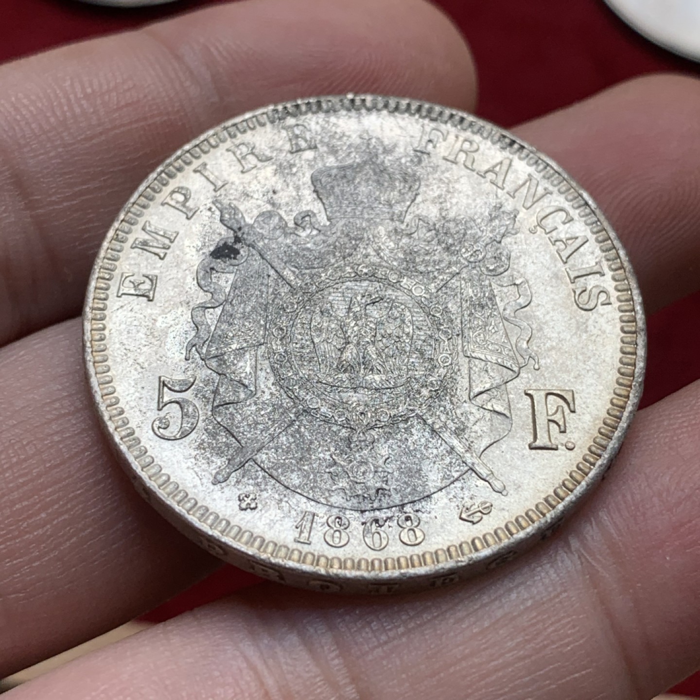 《竞宝斋》第93场-本周日，周一2场连拍（全场不限金额包邮） 法国1868年拿破仑三世5法郎银币 原光unc 会洗的可以搏一搏
