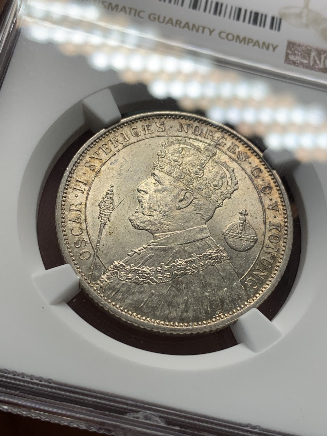 《竞宝斋》第93场-本周日，周一2场连拍（全场不限金额包邮） NGC-MS63 瑞典1897年 加冕纪念 2克朗银币 淡彩原光好品