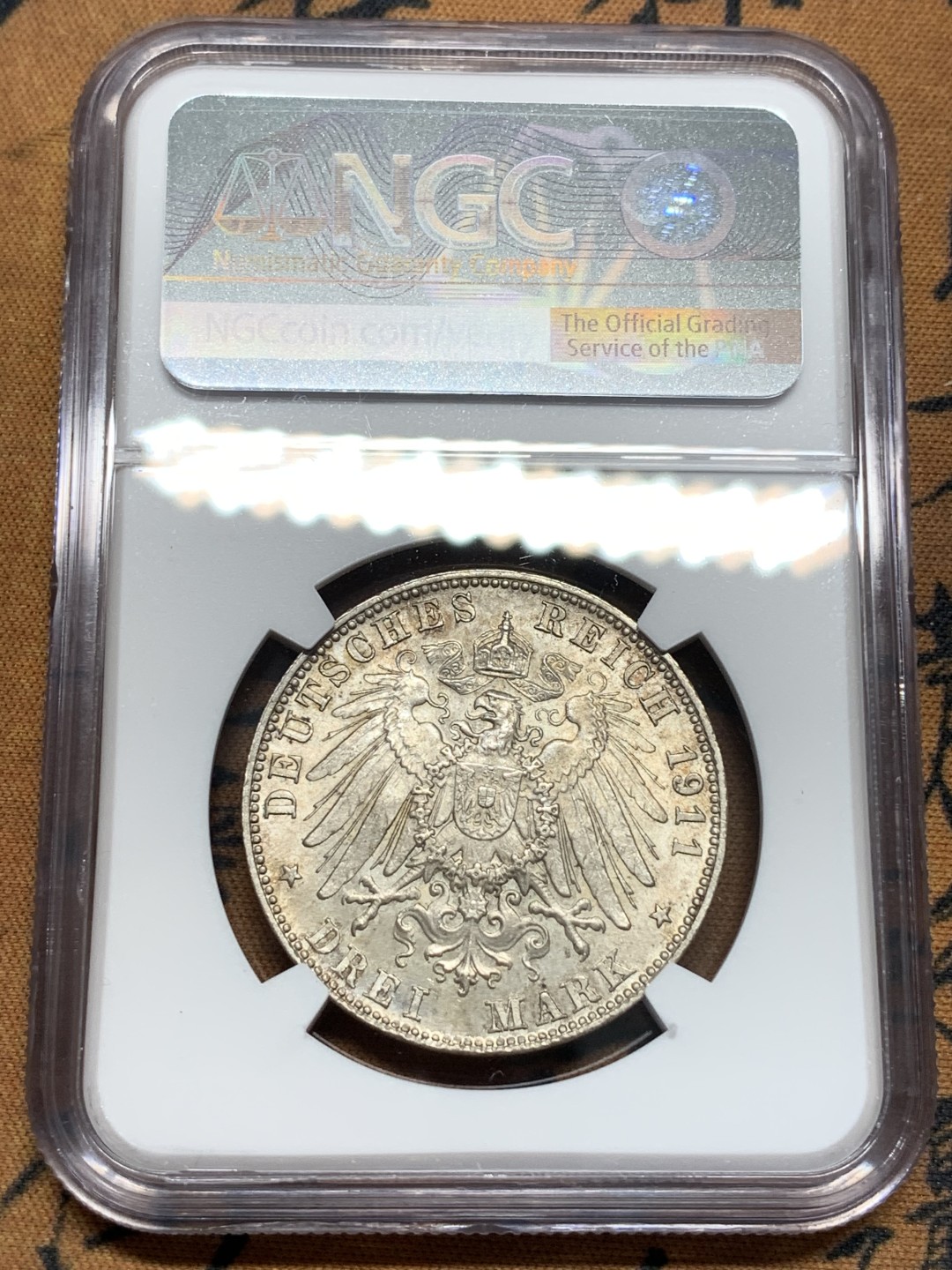 《竞宝斋》第93场-本周日，周一2场连拍（全场不限金额包邮） NGC-MS65 德国巴伐利亚1911年90岁大寿纪念3马克银币 少见高分