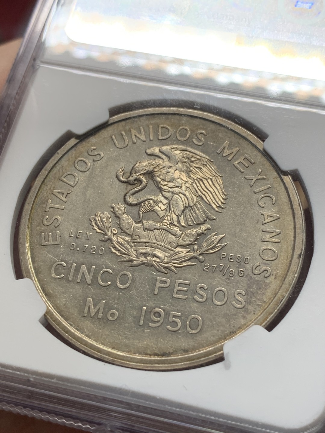 《竞宝斋》第93场-本周日，周一2场连拍（全场不限金额包邮） NGC MS62 墨西哥 1950年 南方铁路通车 5比索 大银币 比较少见品种 裸币价不低