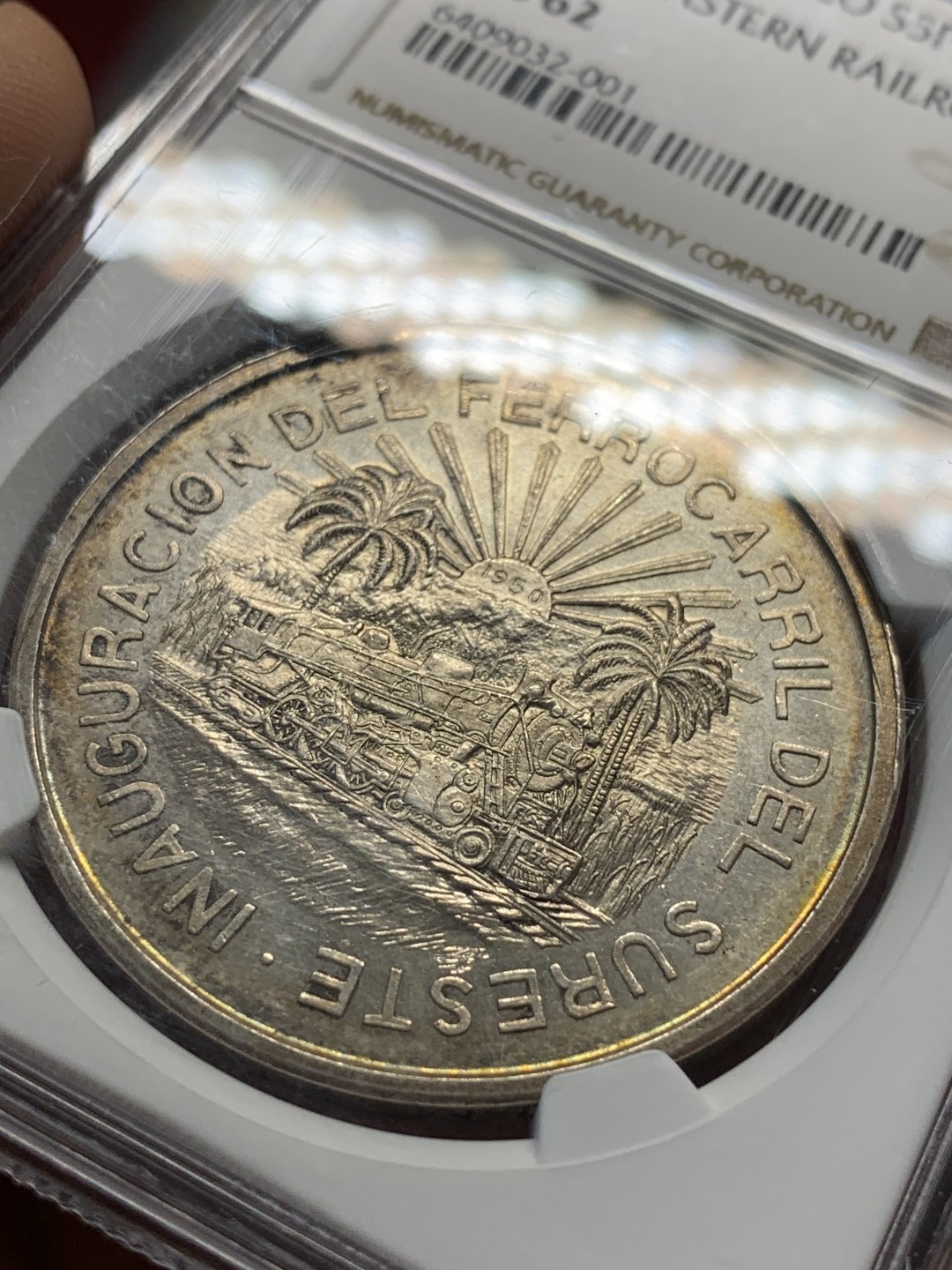 《竞宝斋》第93场-本周日，周一2场连拍（全场不限金额包邮） NGC MS62 墨西哥 1950年 南方铁路通车 5比索 大银币 比较少见品种 裸币价不低