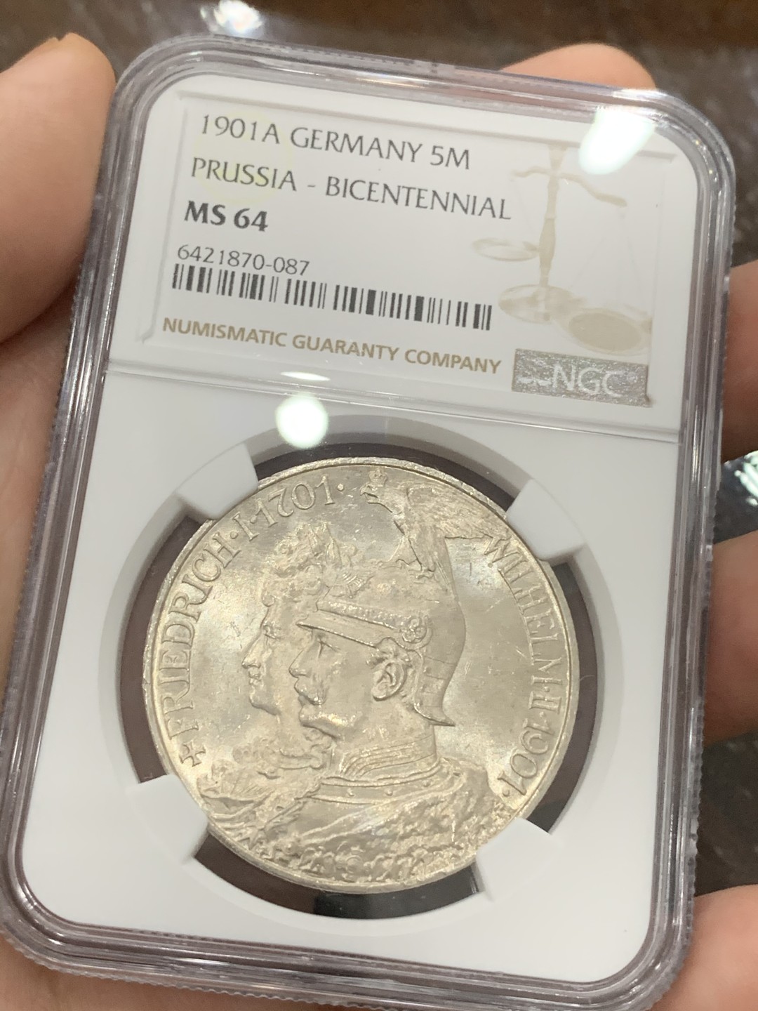 《竞宝斋》第93场-本周日，周一2场连拍（全场不限金额包邮） NGC-MS64 德国普鲁士1901年建国200周年纪念5马克大银币