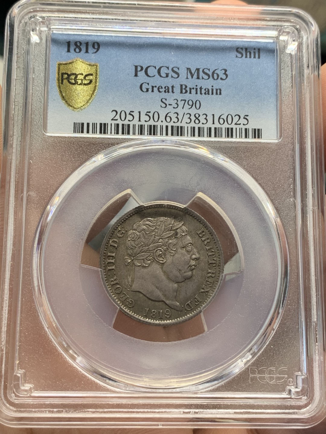 《竞宝斋》第93场-本周日，周一2场连拍（全场不限金额包邮） PCGS MS63 1819年 英国 乔三 先令银币 深五彩包浆 细节非常好