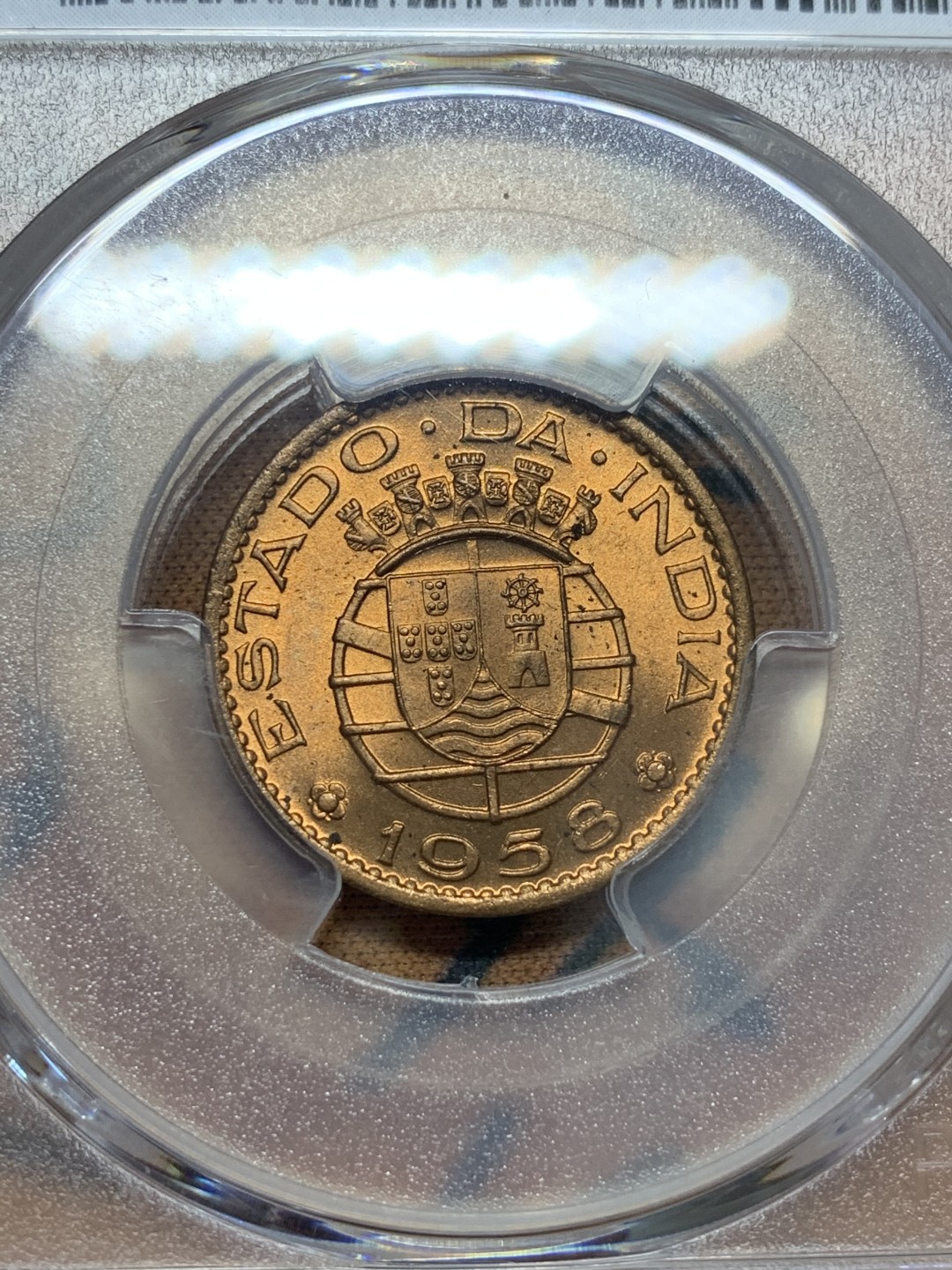 《竞宝斋》第93场-本周日，周一2场连拍（全场不限金额包邮） PCGS-MS64RD 葡属印度1958年30C铜币（原光RD状态难得、亚军分）