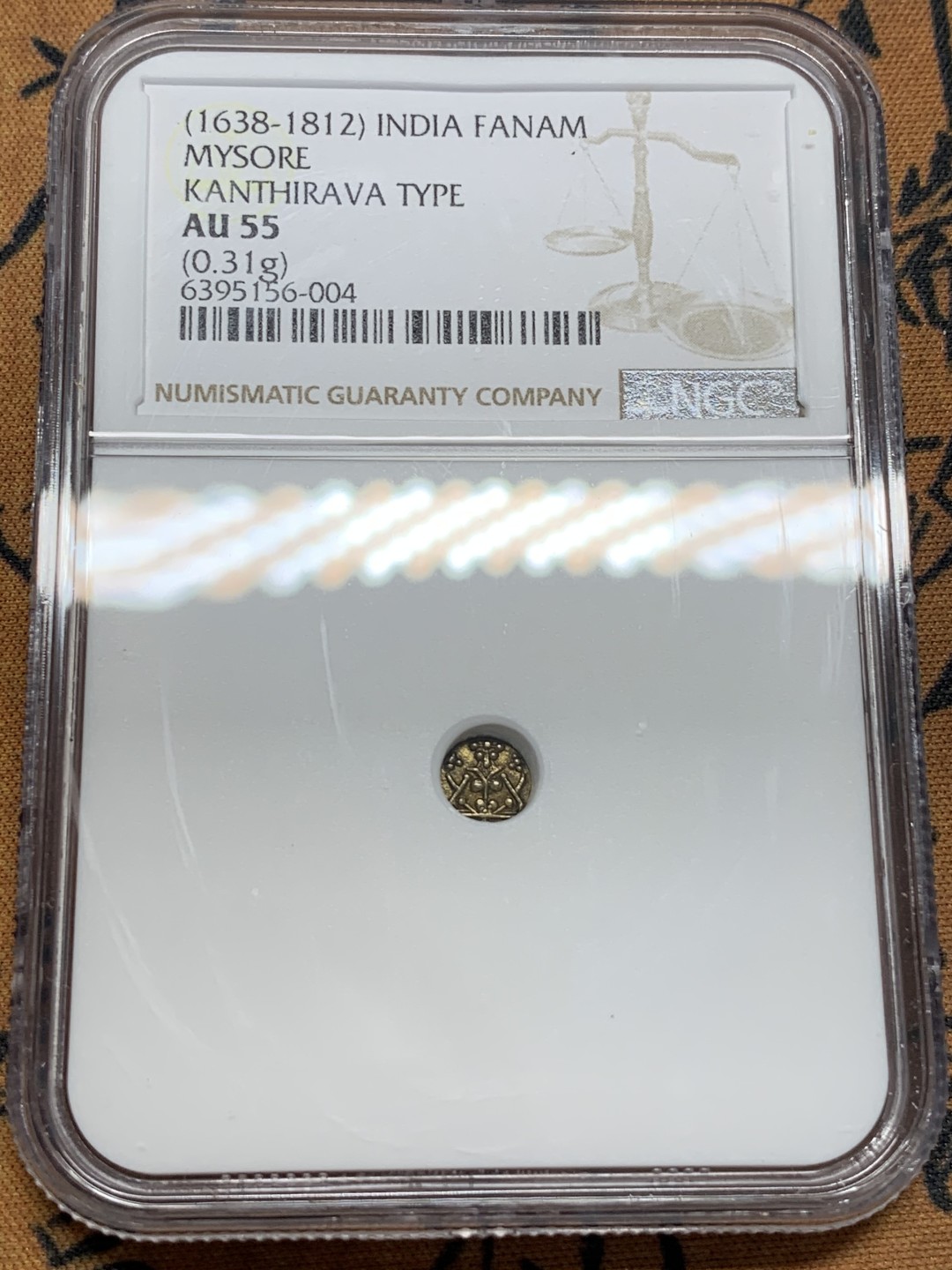 《竞宝斋》第93场-本周日，周一2场连拍（全场不限金额包邮） NGC-AU55 印度迈索尔 1638年 早期FANAM金币 比较少见的品种