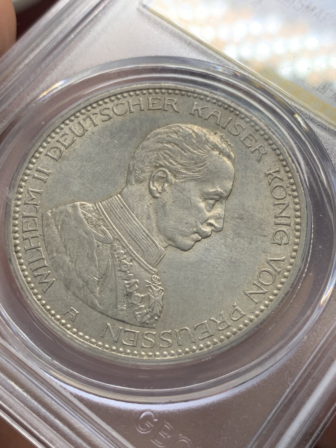 《竞宝斋》第93场-本周日，周一2场连拍（全场不限金额包邮） 公博 AU-58 德国 德意志 1914年 一战发起年 威廉二世军装 5马克，原光、带转光。