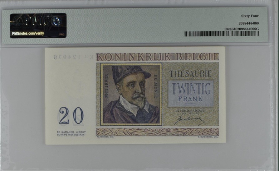 收藏联盟Quantum Auction 第189期中秋拍卖(已更新) 比利时1950年20法郎 PMG64