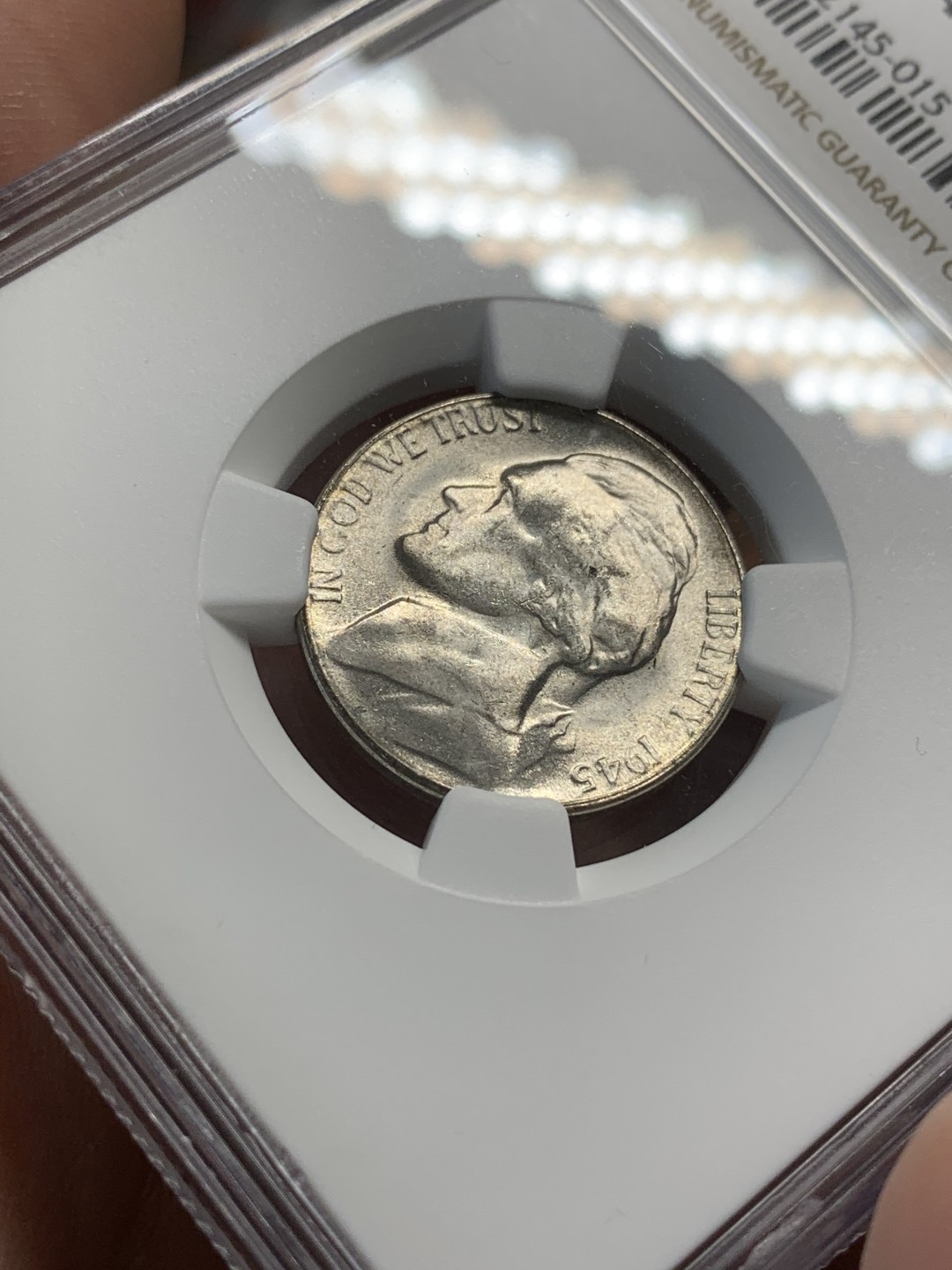 《竞宝斋》第93场-本周日，周一2场连拍（全场不限金额包邮） NGC-MS64 美国 1945年 杰弗逊战时五美分（1942-1945 二战低银版，非常见铜镍币）