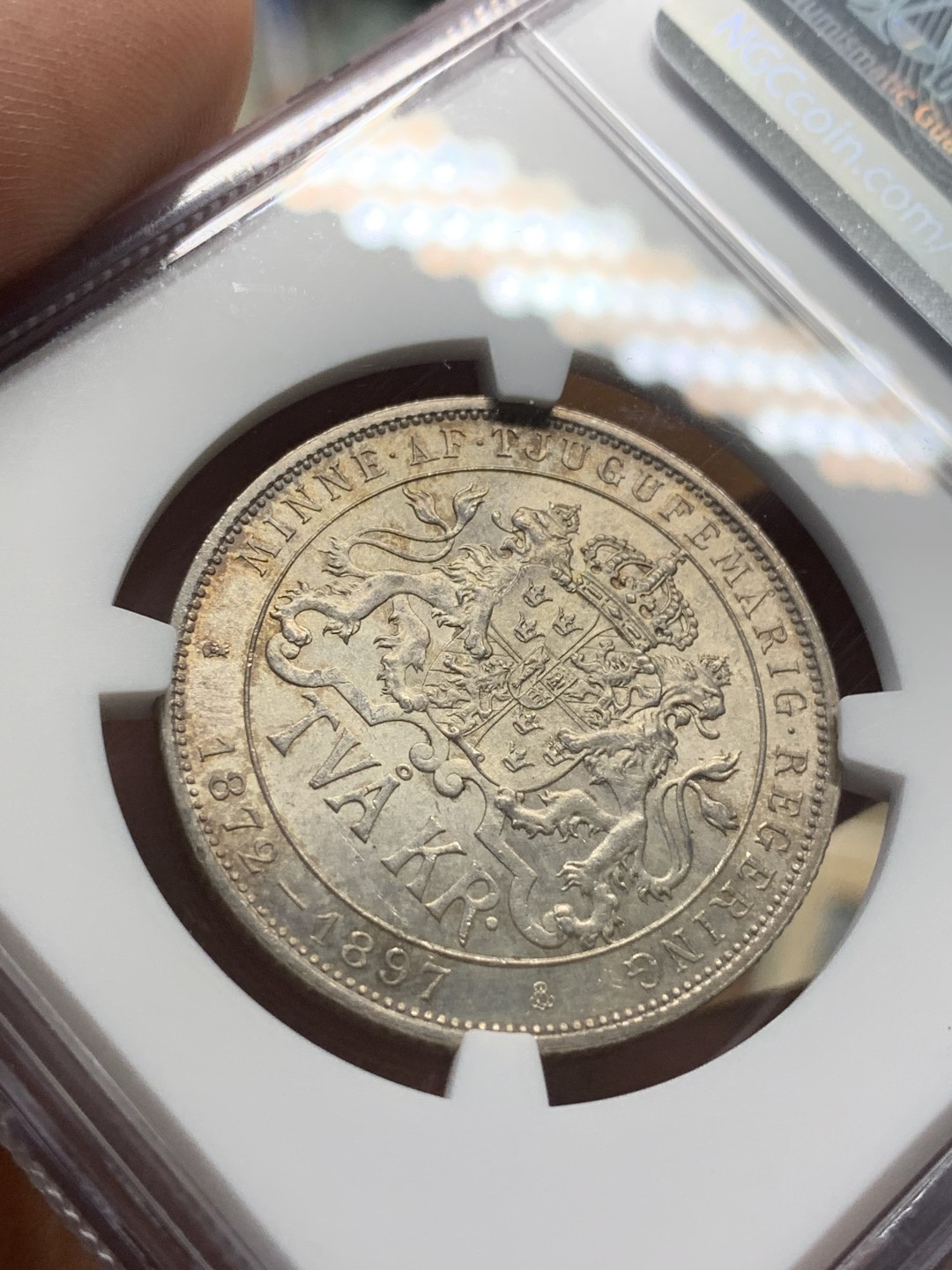 《竞宝斋》第93场-本周日，周一2场连拍（全场不限金额包邮） NGC-MS63 瑞典1897年 加冕纪念 2克朗银币 淡彩原光好品