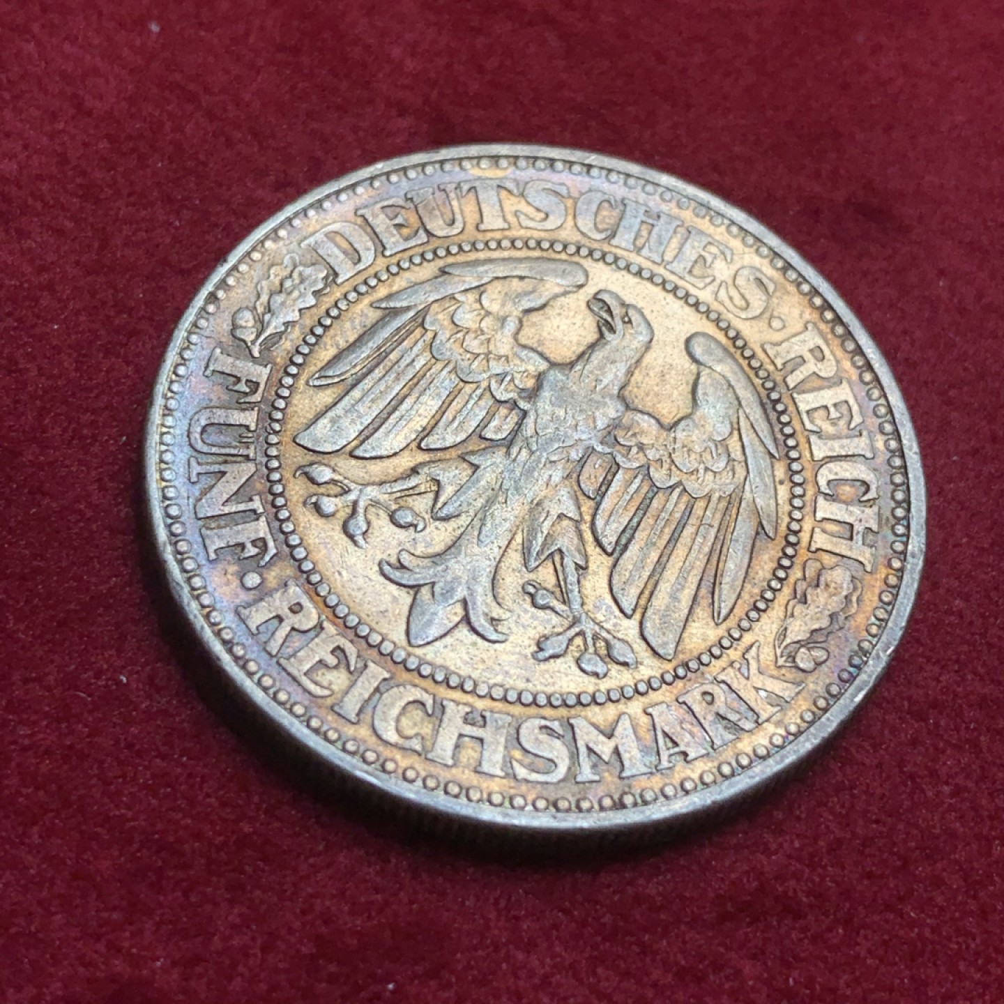 《竞宝斋》第93场-本周日，周一2场连拍（全场不限金额包邮） 1927年魏玛德国橡树5马克银币，金色包浆，魏玛时期主币。