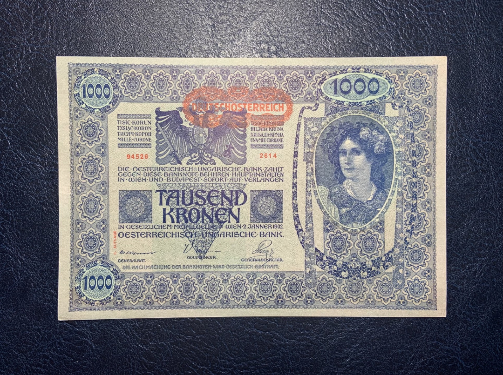 收藏联盟Quantum Auction 第189期中秋拍卖(已更新) 奥地利1902年1000克朗 品相全新UNC 超级大票幅 
