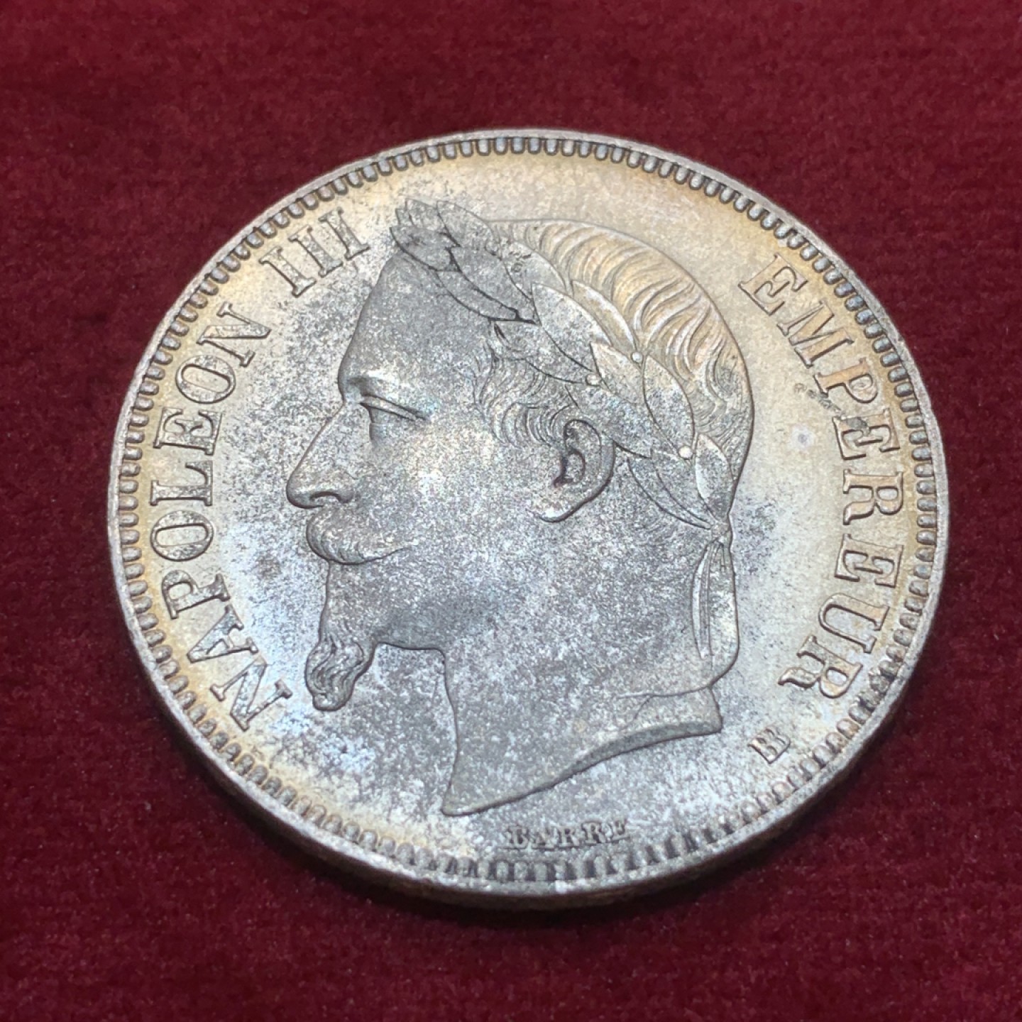 《竞宝斋》第93场-本周日，周一2场连拍（全场不限金额包邮） 法国1868年拿破仑三世5法郎银币 原光unc 会洗的可以搏一搏