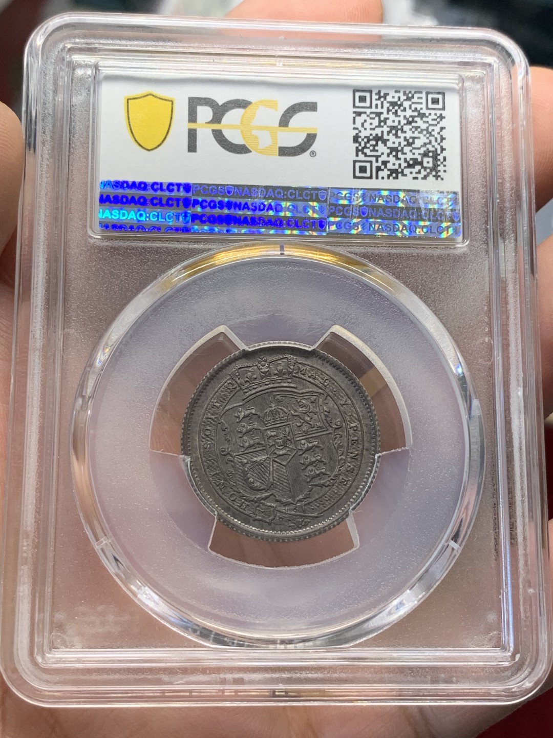 《竞宝斋》第93场-本周日，周一2场连拍（全场不限金额包邮） PCGS MS63 1819年 英国 乔三 先令银币 深五彩包浆 细节非常好