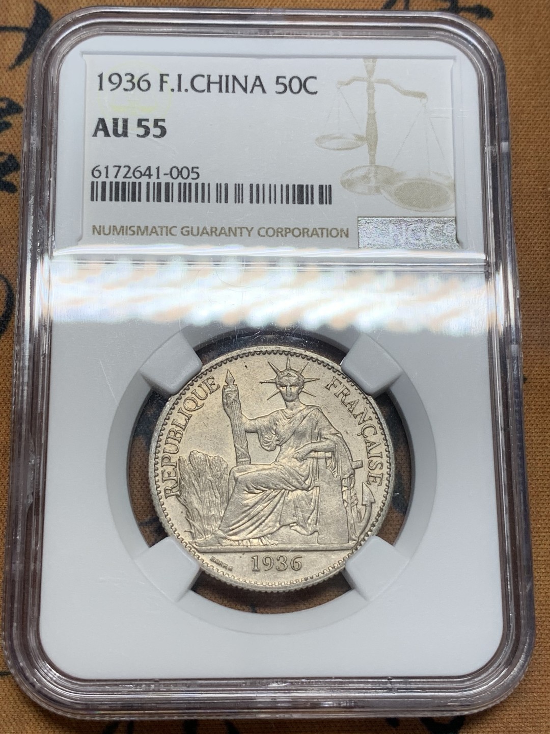 《竞宝斋》第93场-本周日，周一2场连拍（全场不限金额包邮） NGC-AU55 法属印度支那1936年50C银币