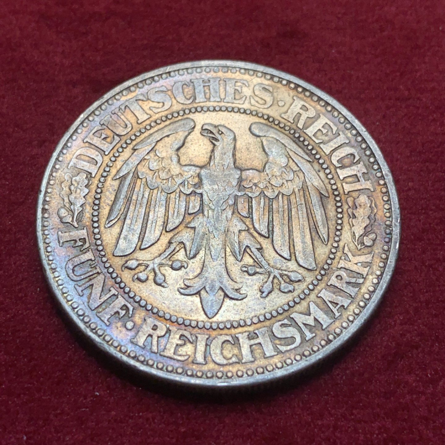 《竞宝斋》第93场-本周日，周一2场连拍（全场不限金额包邮） 1927年魏玛德国橡树5马克银币，金色包浆，魏玛时期主币。