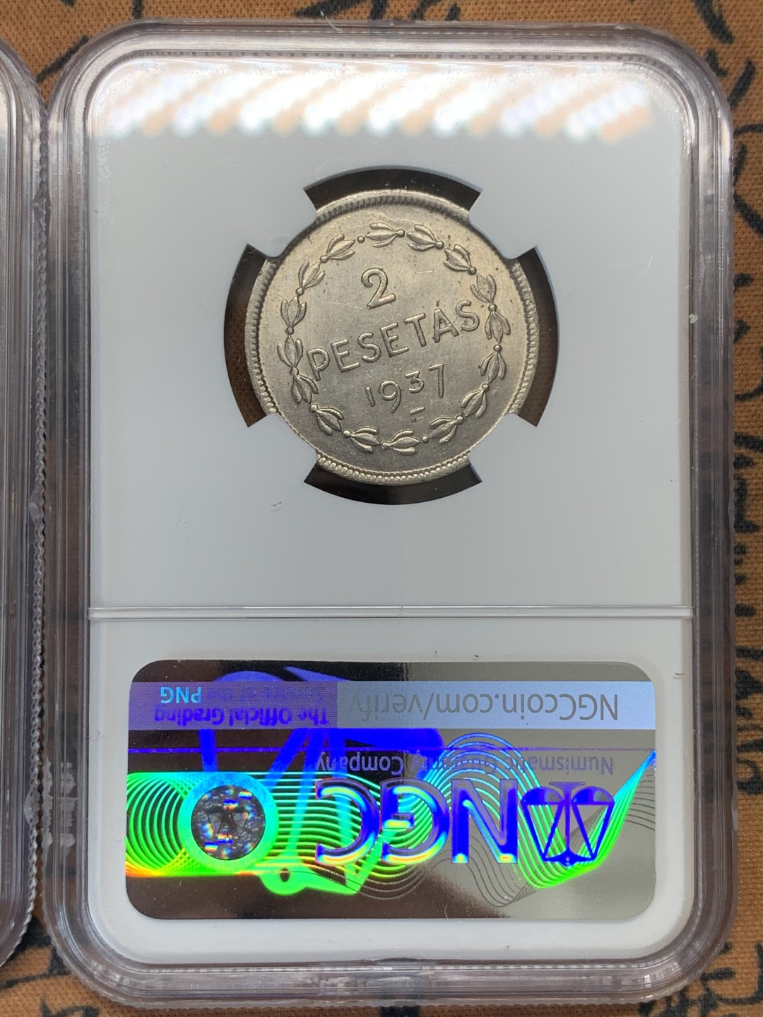 《竞宝斋》第93场-本周日，周一2场连拍（全场不限金额包邮） NGC MS62-63 西班牙内战 尤兹卡迪1937年1，2比塞塔一对