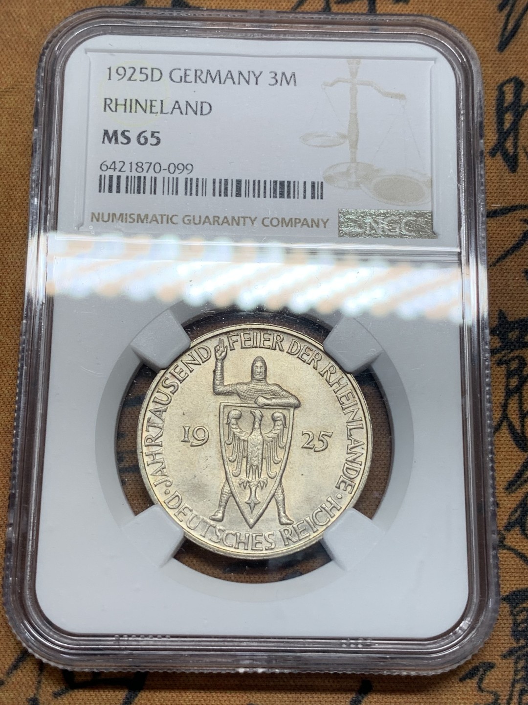 《竞宝斋》第93场-本周日，周一2场连拍（全场不限金额包邮） NGC-MS65 魏玛德国1925年莱茵千年3马克银币 少见高分