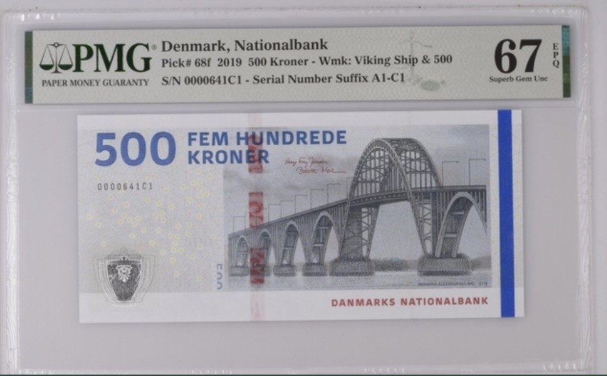 收藏联盟Quantum Auction 第189期中秋拍卖(已更新) 丹麦2019年500克朗 PMG67 C3冠百位小号 亚历山大王后大桥