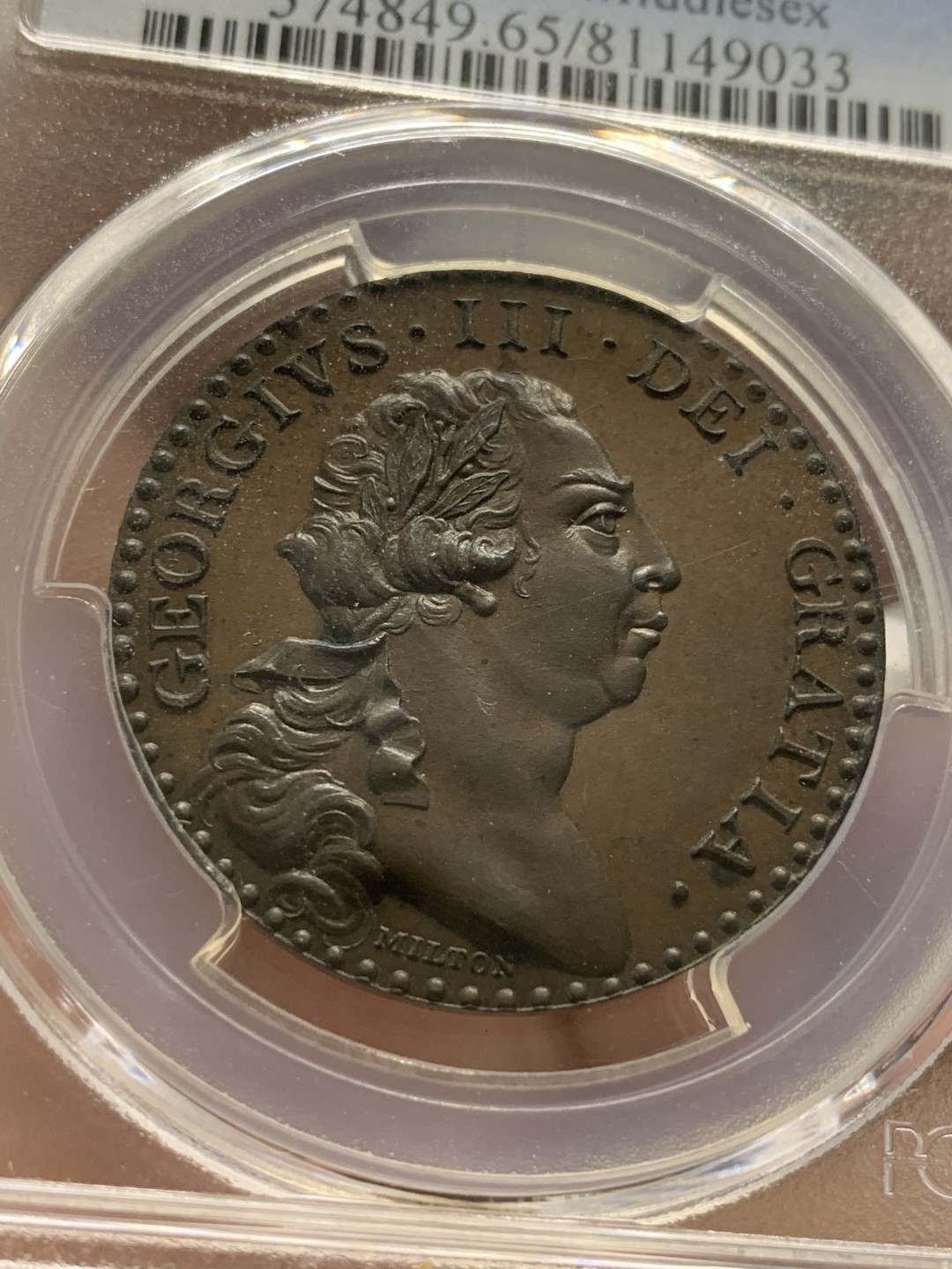 《竞宝斋》第93场-本周日，周一2场连拍（全场不限金额包邮） NGC-MS65 1797 英国高分乔治三世1便士代币 接近精制工艺