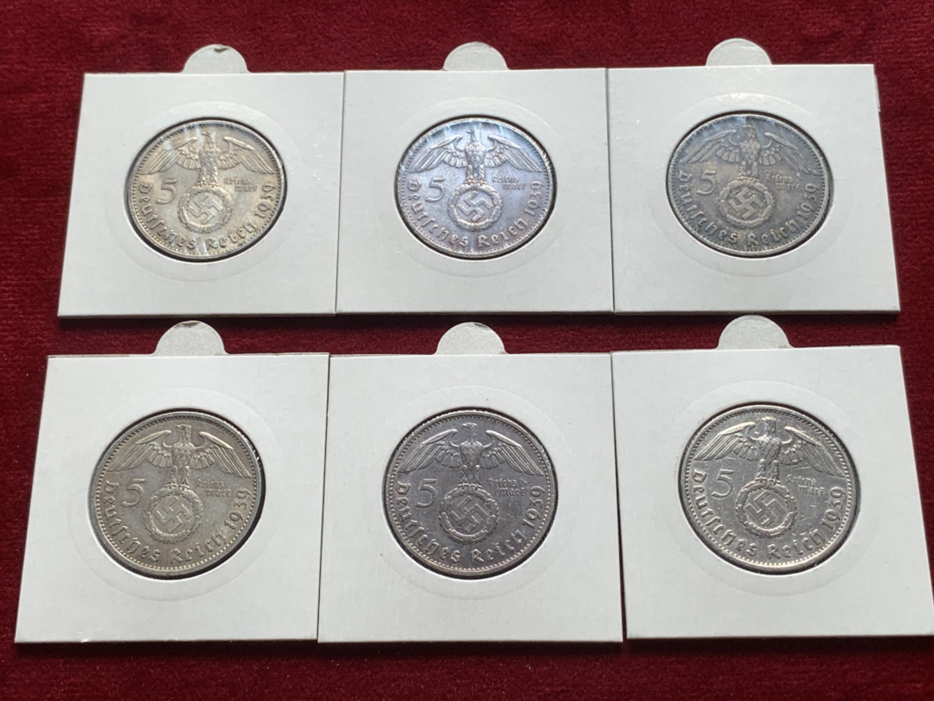 《竞宝斋》第93场-本周日，周一2场连拍（全场不限金额包邮） 兴登堡  1939年5马克银币 ADEFGJ六厂，E、F、G厂非常少见品 裸币，灯塔纸夹