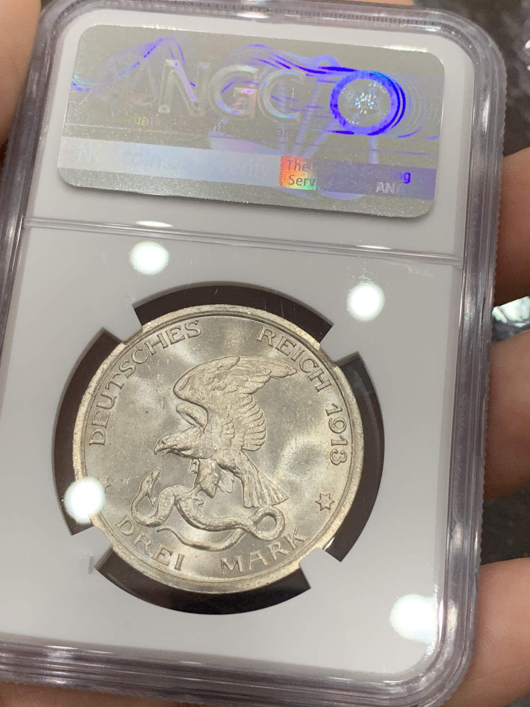 《竞宝斋》第93场-本周日，周一2场连拍（全场不限金额包邮） NGC-MS64 德国普鲁士 1913年普法战争 3马克银币 