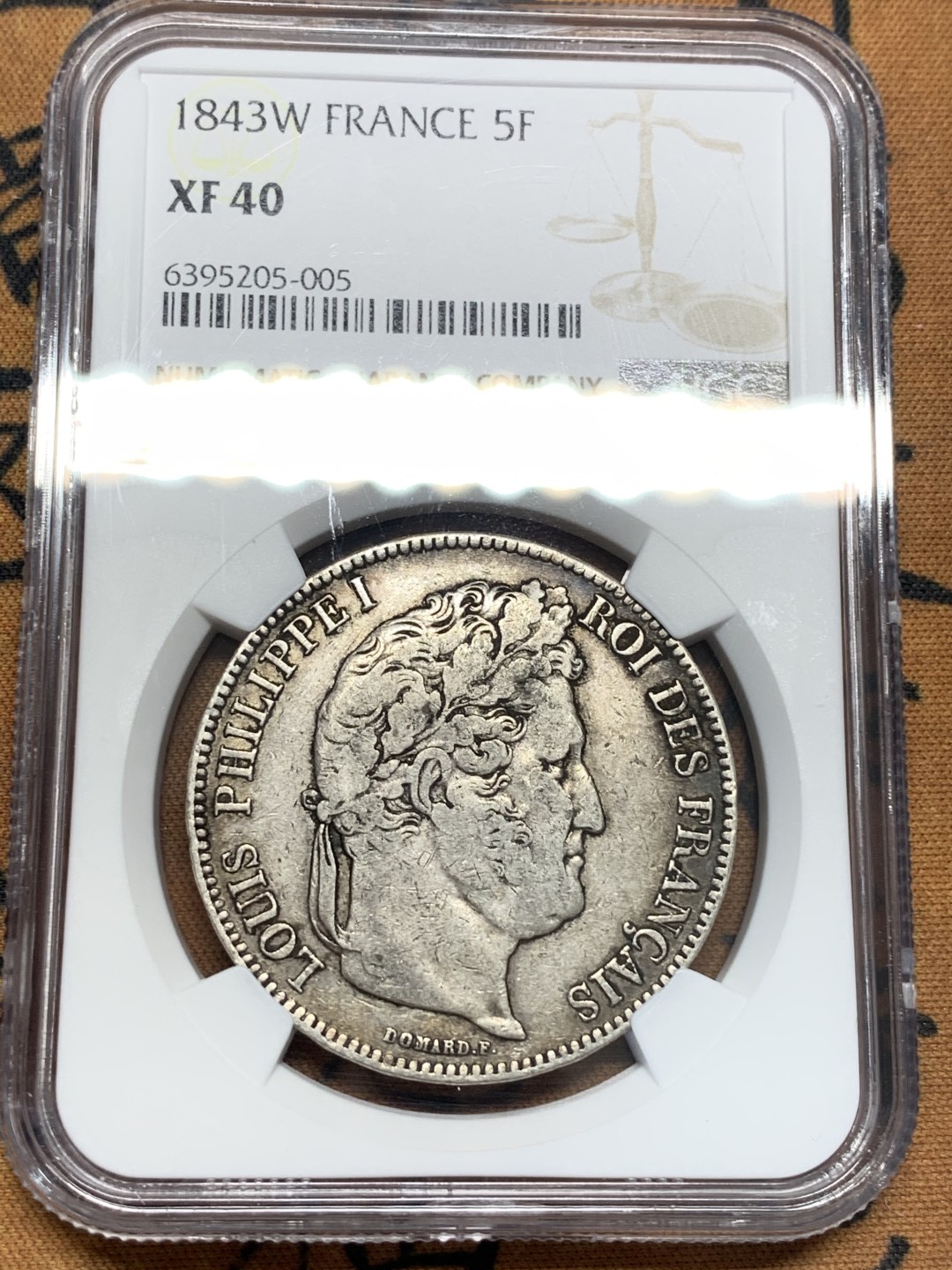 《竞宝斋》第93场-本周日，周一2场连拍（全场不限金额包邮） NGC-XF40 法国1843-W年 菲利普一世 5法郎大银币 原味好品 更高分就四枚了