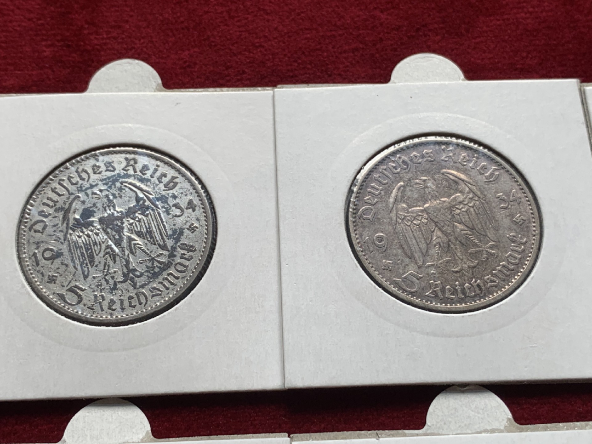 《竞宝斋》第93场-本周日，周一2场连拍（全场不限金额包邮） 1934教堂（加字）5马克银币 ADEFGJ六厂 裸币，灯塔纸夹