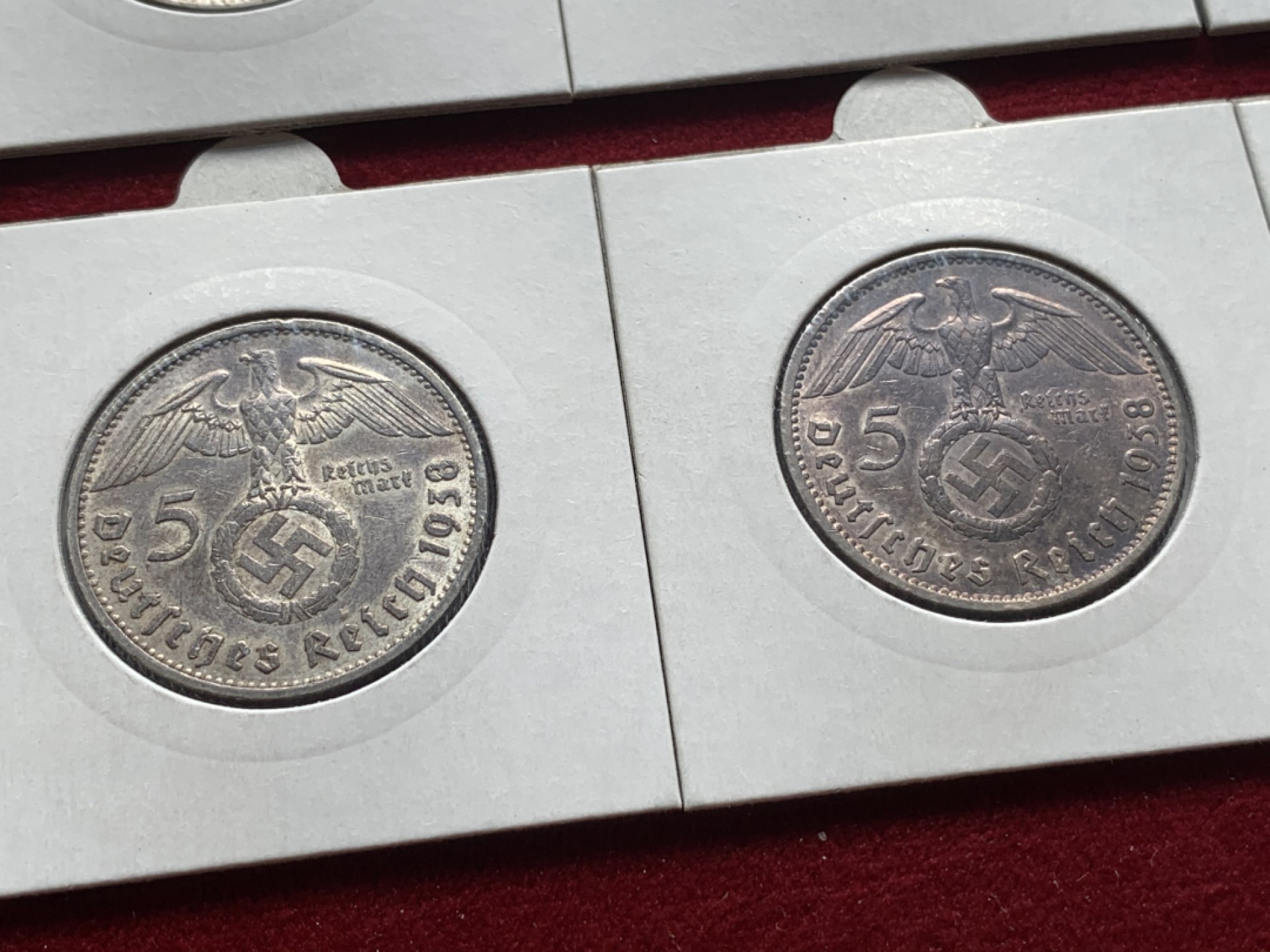 《竞宝斋》第93场-本周日，周一2场连拍（全场不限金额包邮） 兴登堡 1938年5马克银币 ADEFGJ六厂 裸币，灯塔纸夹