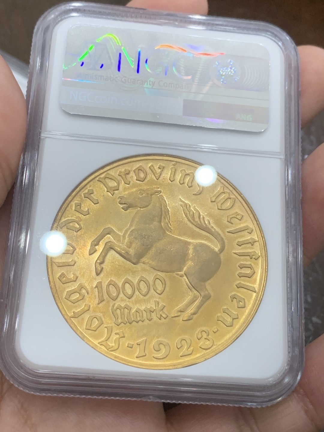 德国1923德紧铜镀金10000马克，NGC63分，状态请仔细核对官网图，十实物状态非常好 ，包邮非偏远。不议价！
