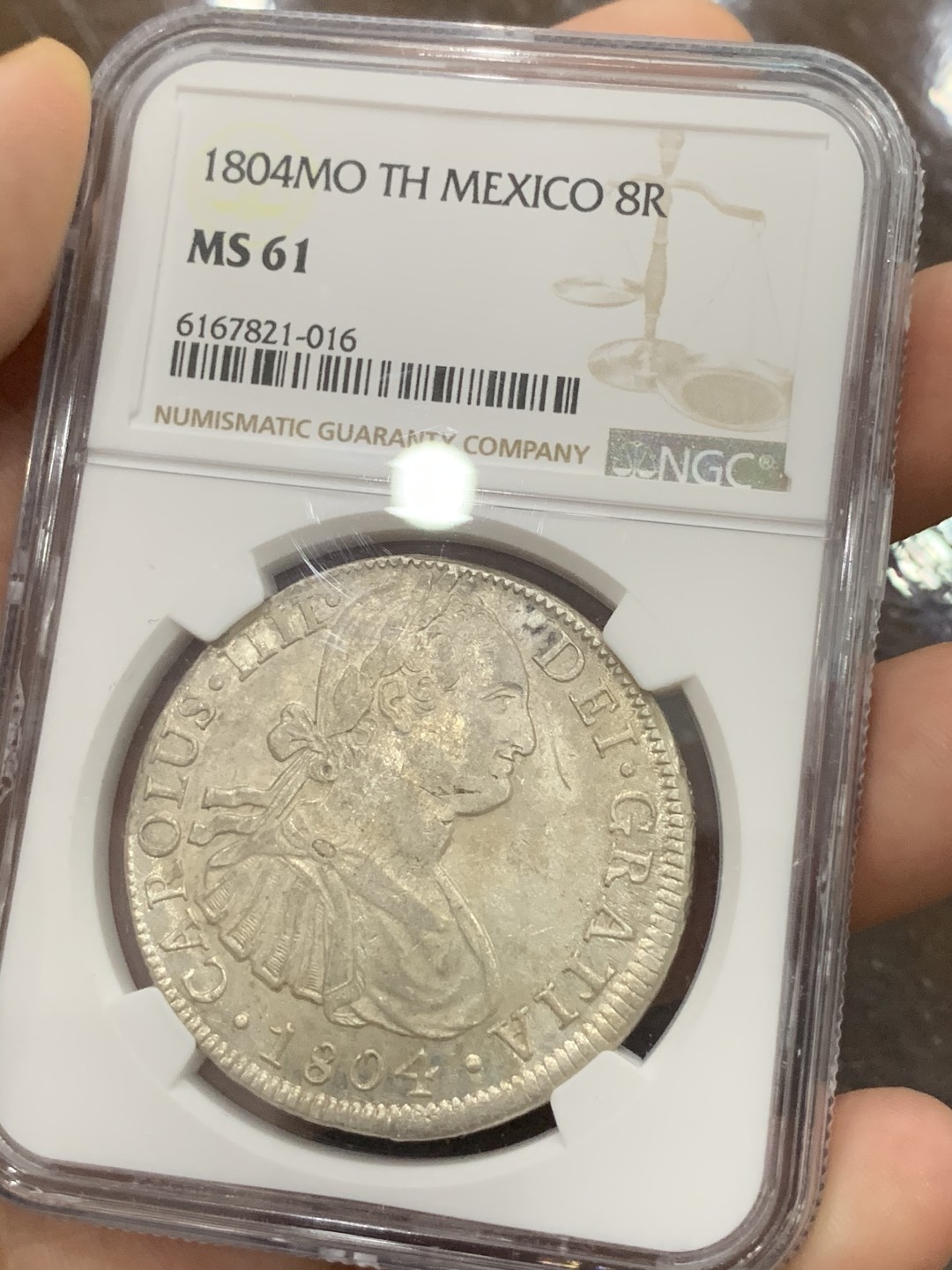 《竞宝斋》第93场-本周日，周一2场连拍（全场不限金额包邮） NGC MS61 墨西哥 1804年 卡洛斯四世 8R 双柱 大银币 正反深打 发纹清晰 难得