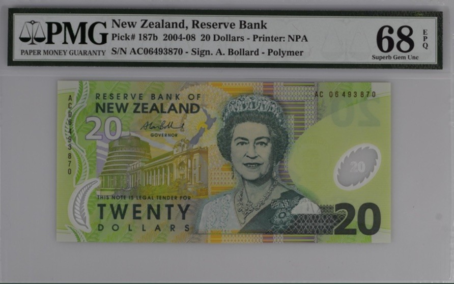 收藏联盟Quantum Auction 第189期中秋拍卖(已更新) 新西兰2004-08年20元 PMG68