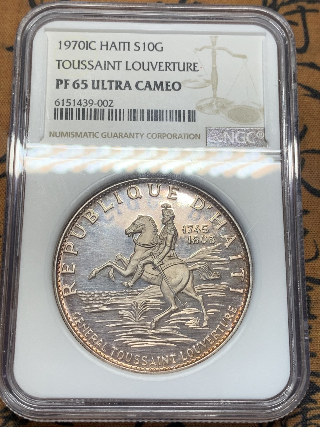 《竞宝斋》第93场-本周日，周一2场连拍（全场不限金额包邮） NGC-PF65UC 海地1970年10G将军加厚银币（带粉彩、加厚盒）发行量仅1500枚，重47.05g