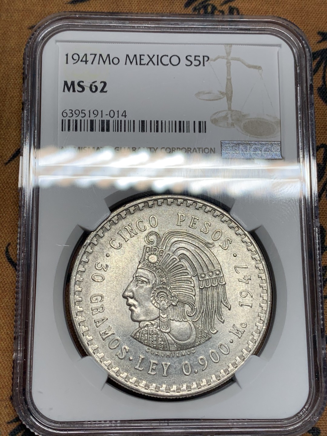 《竞宝斋》第93场-本周日，周一2场连拍（全场不限金额包邮） NGC-MS62 墨西哥1947年 印第安人头像 5比索大银币 原光好品