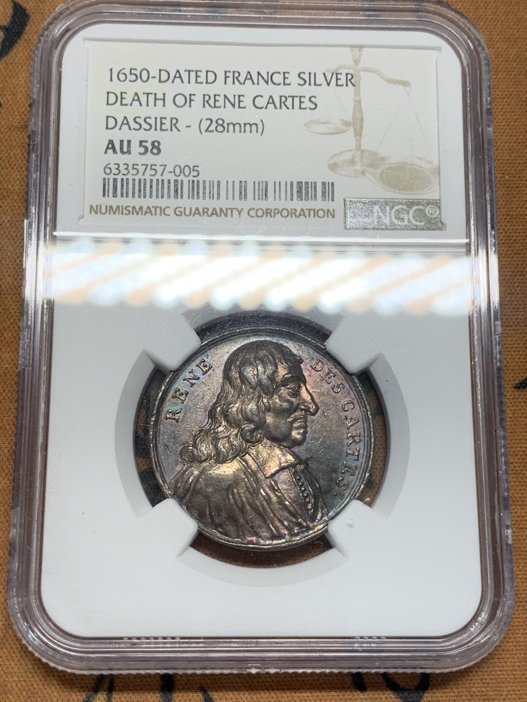 《竞宝斋》第93场-本周日，周一2场连拍（全场不限金额包邮） NGC-AU58 法国 1650年 勒奈·笛卡尔 五彩银章 比较少见 包浆漂亮