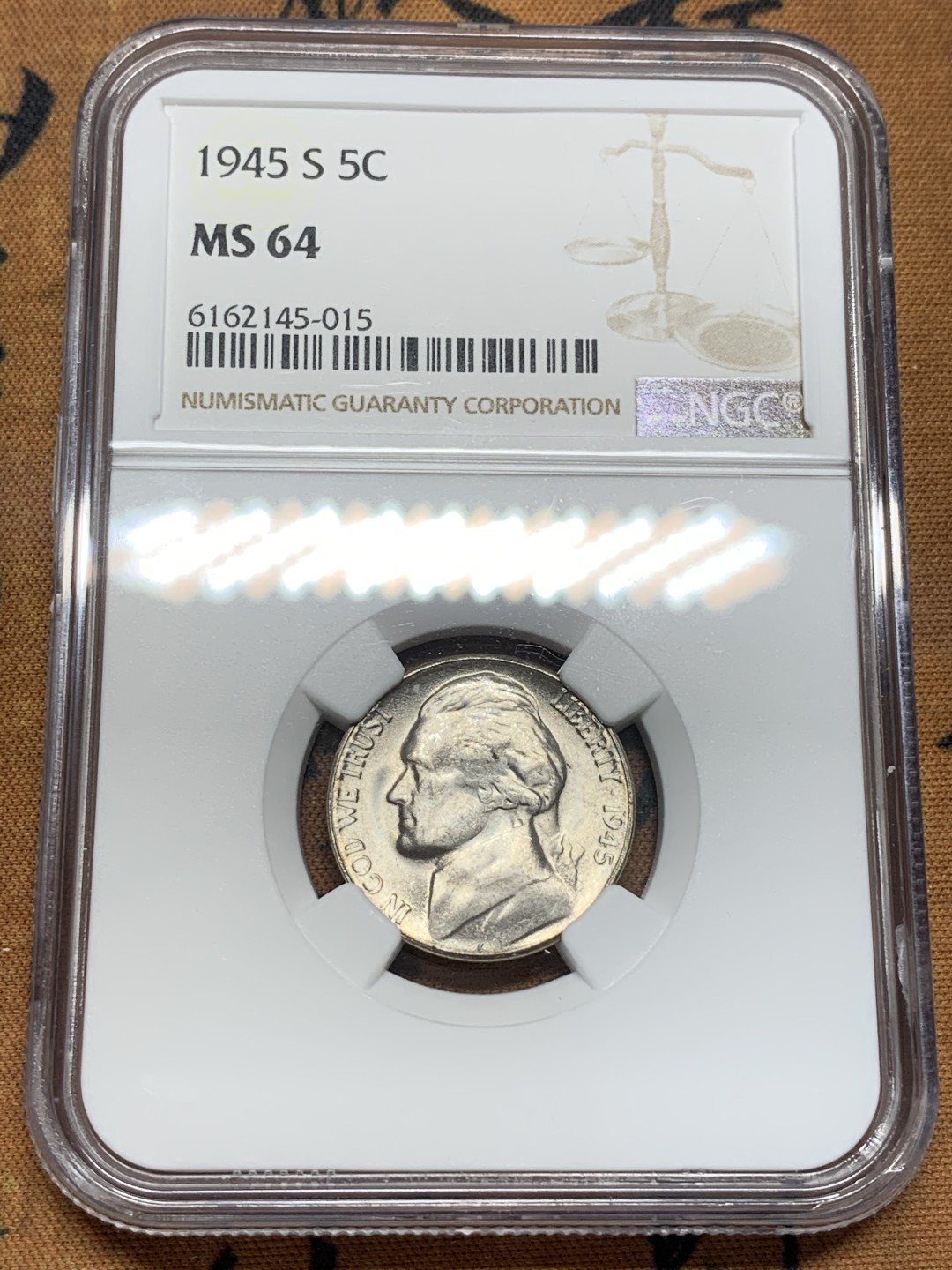 《竞宝斋》第93场-本周日，周一2场连拍（全场不限金额包邮） NGC-MS64 美国 1945年 杰弗逊战时五美分（1942-1945 二战低银版，非常见铜镍币）