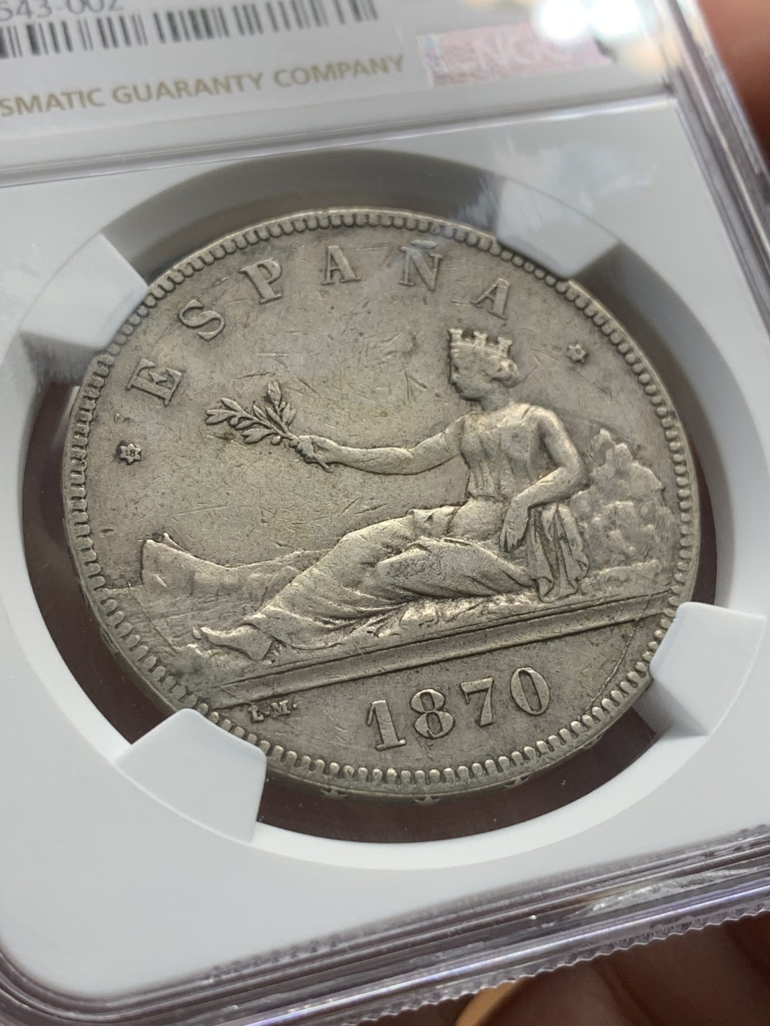 《竞宝斋》第93场-本周日，周一2场连拍（全场不限金额包邮） NGC XF40 西班牙 1870年 拿花女神5比塞塔双柱银币 老包浆原状态 
