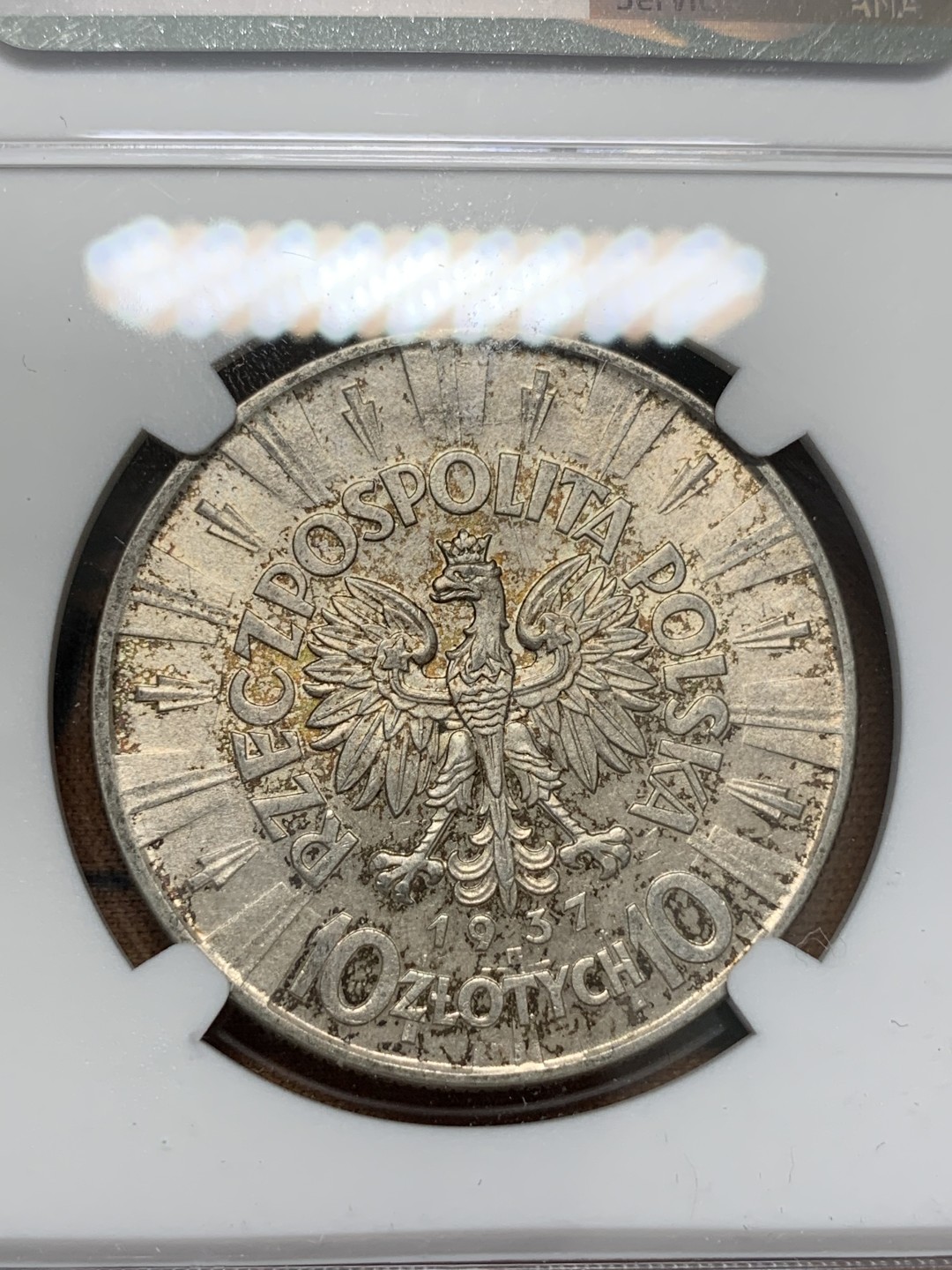 《竞宝斋》第93场-本周日，周一2场连拍（全场不限金额包邮） NGC AU58 波兰第二共和国1937年10兹罗提大银币 背面状态极好，可惜正面有磨损，给了58，该品种通货常见，好品少见