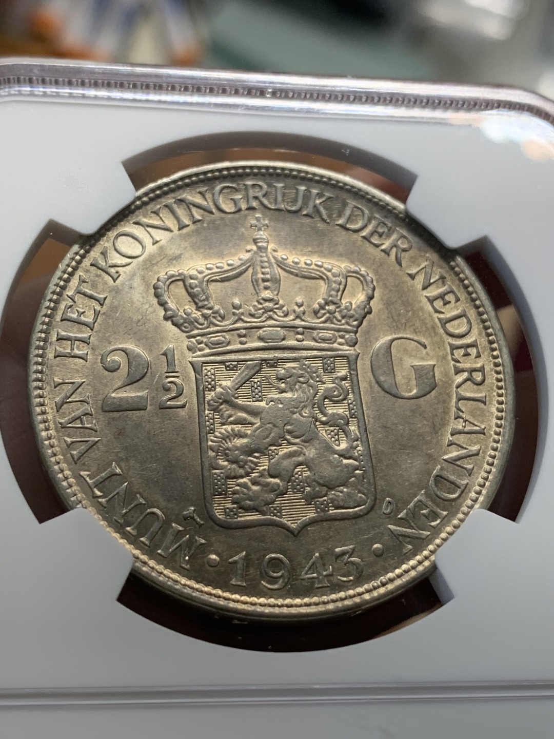 《竞宝斋》第93场-本周日，周一2场连拍（全场不限金额包邮） NGC-AU58 荷属东印度 1943年 威廉米娜女王 2.5盾大银币 原光好品 少见品种