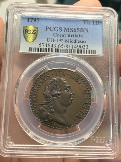 《竞宝斋》第93场-本周日，周一2场连拍（全场不限金额包邮） - NGC-MS65 1797 英国高分乔治三世1便士代币 接近精制工艺