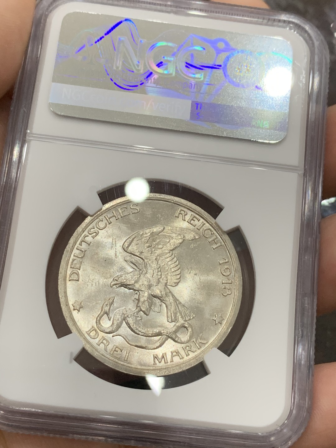 《竞宝斋》第93场-本周日，周一2场连拍（全场不限金额包邮） NGC-MS64 德国普鲁士 1913年普法战争 3马克银币 