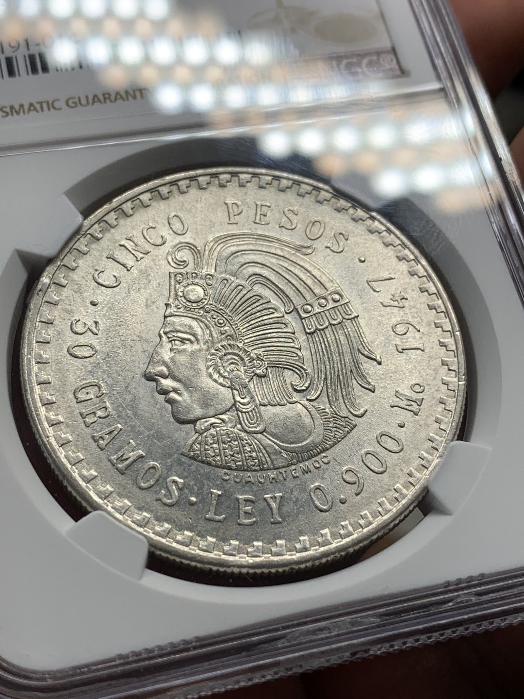 《竞宝斋》第93场-本周日，周一2场连拍（全场不限金额包邮） NGC-MS62 墨西哥1947年 印第安人头像 5比索大银币 原光好品