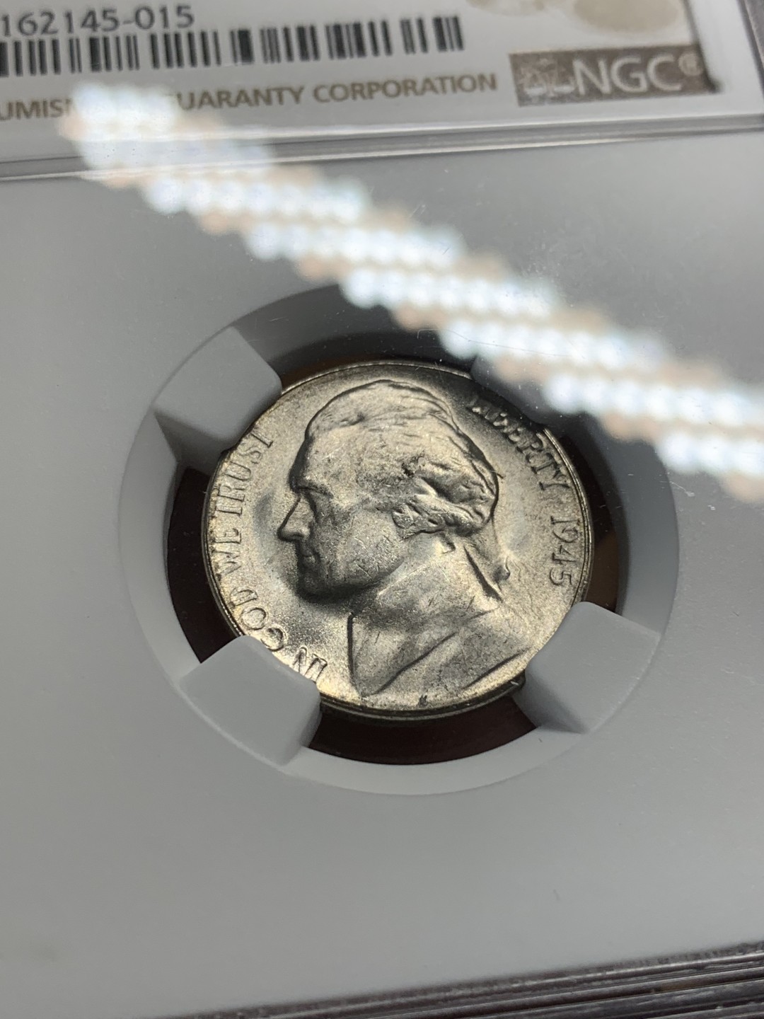 《竞宝斋》第93场-本周日，周一2场连拍（全场不限金额包邮） NGC-MS64 美国 1945年 杰弗逊战时五美分（1942-1945 二战低银版，非常见铜镍币）