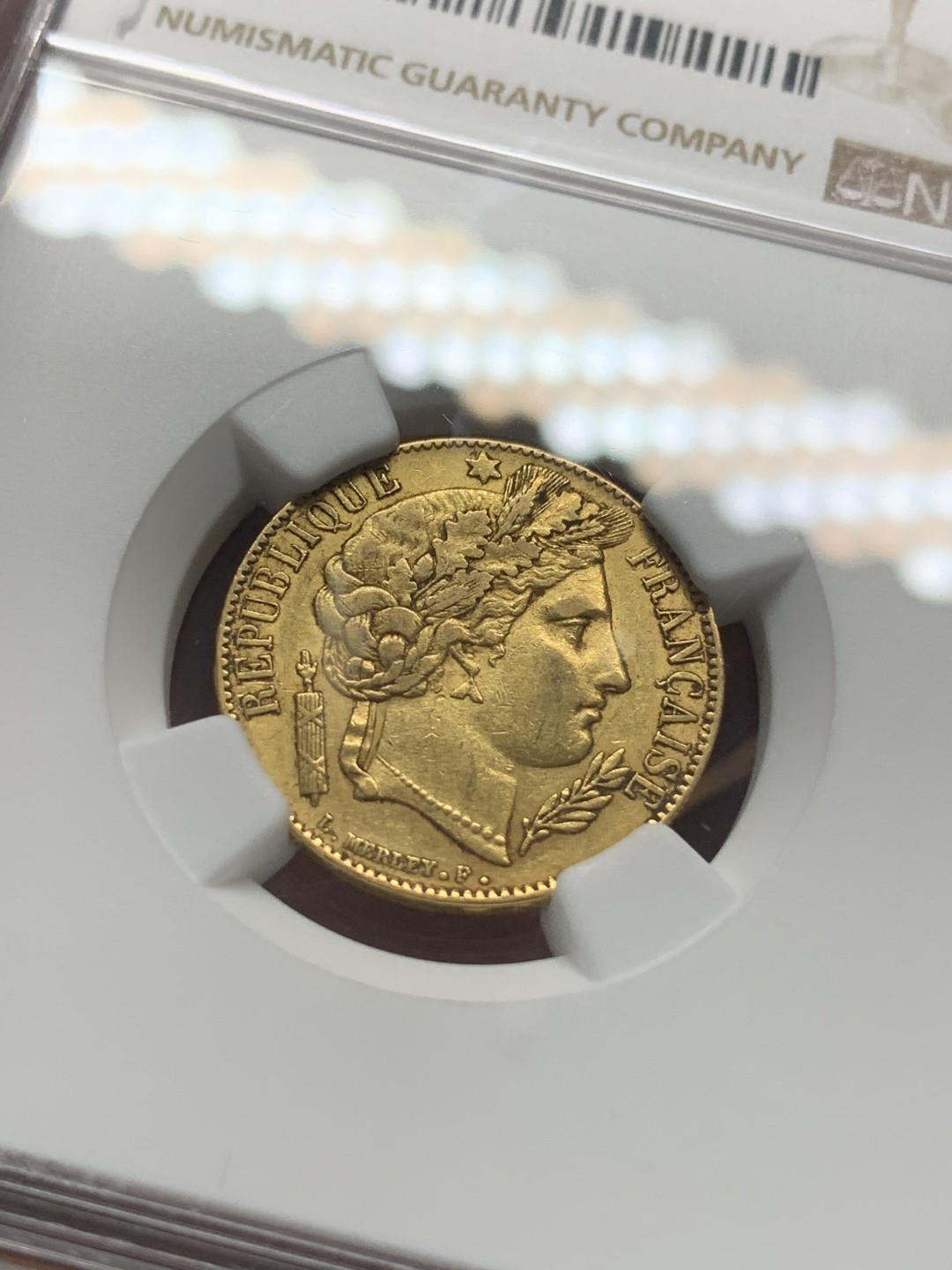 《竞宝斋》第93场-本周日，周一2场连拍（全场不限金额包邮） NGC-AU55 法国1851年 谷物女神 20法郎金币 银币见多了 谷物女神金币就少了