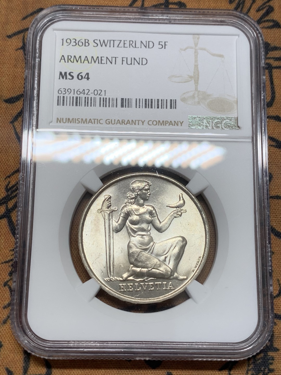 《竞宝斋》第93场-本周日，周一2场连拍（全场不限金额包邮） NGC-MS64 瑞士1936年联邦军备基金5法郎银币